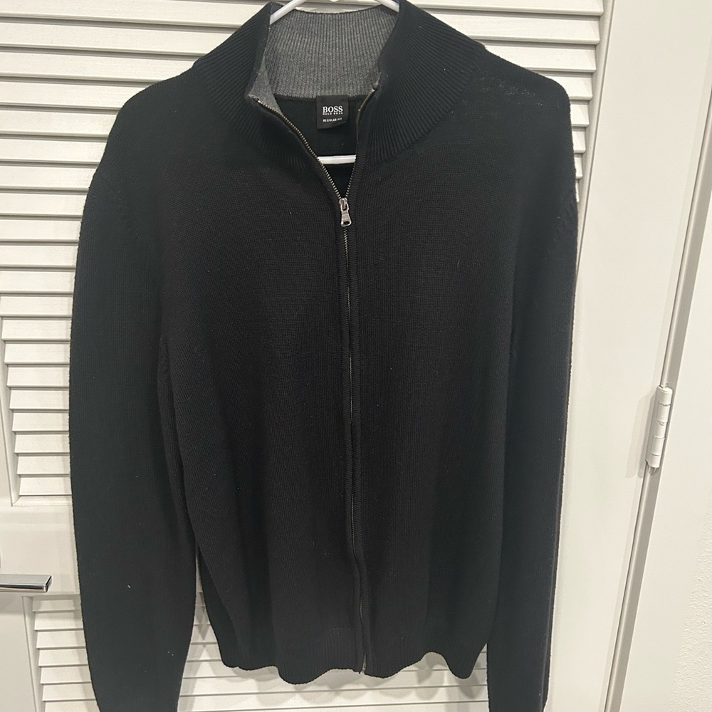 Boss Black Zip Up Sweater with High Collar and Long Sleeves